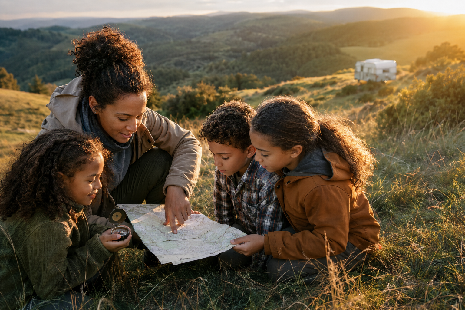 Children and a parent learning to navigate with a map and compass on a sunny hillside