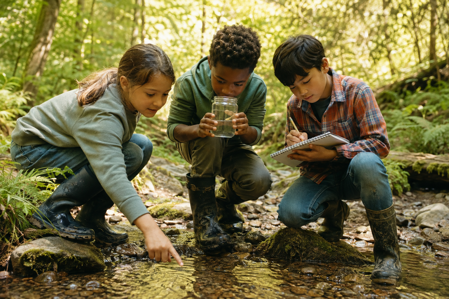 Three children investigating water and recording observations beside a forest stream