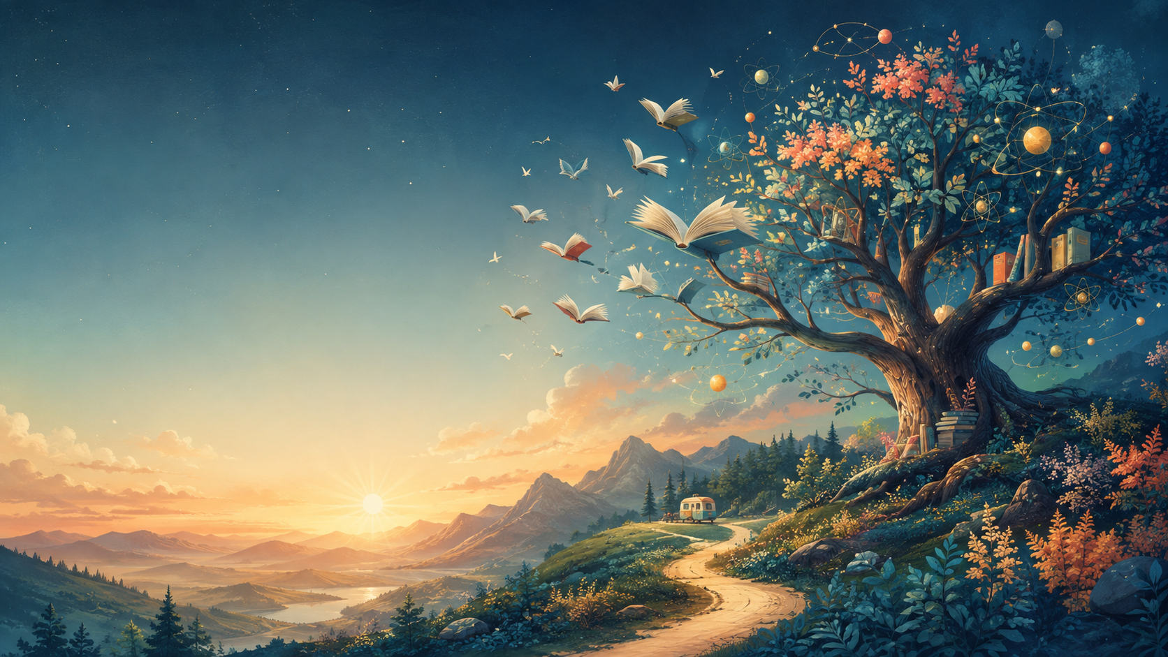 A winding path toward a tree where books, nature and science grow together