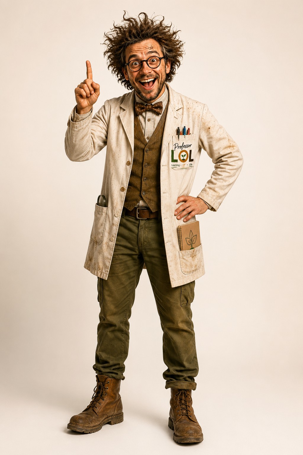 Professor LOL raising one finger with an excited smile